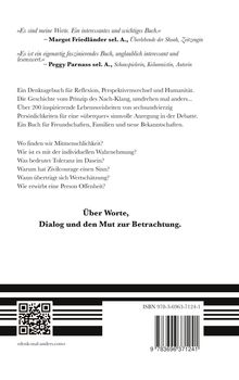Zitate von Margot Friedländer und Peggy Parnass. Fragen zu Mitmenschlichkeit, Wahrnehmung und Zivilcourage. ISBN enthalten.