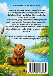 Text über ein Malbuch mit Biber Bullubuh, ideal für Kinder ab 5. Freundliche Biberillustration am Fluss.