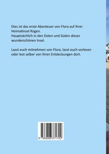 Text auf hellblauem Hintergrund beschreibt Floras Abenteuer auf Rügen. Unten ein Barcode. Rechts im Bild ein Strand.