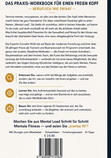 Ein Buchcover mit dem Titel: "Das Praxis-Workbook für einen freien Kopf – Beruflich wie privat". Es beschreibt Strategien gegen "Mental Load" und Methoden von Cornelia Wirth für mentale Fitness. Es kostet 19,90 €.