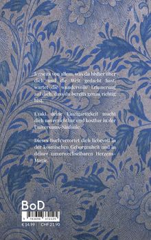 Text über Einzigartigkeit und kosmische Geborgenheit auf blauem, floralen Hintergrundmuster. 