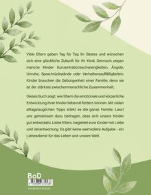 Text über Eltern und Kinder, unterstützt durch grüne Blätterillustration. Buchpreis und Barcode unten.