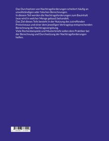Ein blauer Hintergrund mit weißem Text. Inhalt: Nachtragsforderungen, Berechnungen, Bauinhalt, Rechenbeispiele, Musterbriefe.