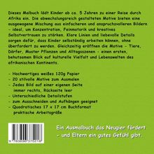 Text auf grünem Hintergrund beschreibt ein Malbuch für Kinder ab 5 Jahren mit afrikanischen Motiven, Details und Format.