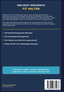 Buchrückseite mit dem Titel "Den Geist spielerisch fit halten". Beschreibt 160 Übungen in vier Stufen mit Lösungen.