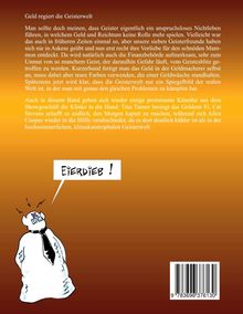 Ein Text beschreibt eine humorvolle Geisterwelt, darunter eine Cartoon-Figur, die "Eierdieb!" sagt.