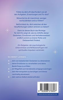 Text über Selbsthilfe bei Überforderung durch Aufgaben und Erwartungen. Es beschreibt, was das Buch lehrt. Hintergrund in sanften Lilatönen.