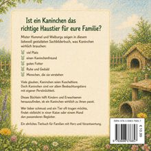 „Ist ein Kaninchen das richtige Haustier für eure Familie?“ ist der Titel. Illustration eines Gartens mit Kaninchenhaus.