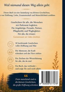 "Weil niemand diesen Weg allein geht." Dann Beschreibung eines Buches mit hoffnungsvollen Geschichten für Parkinson-Begleiter. Ornamente.