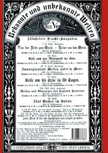 „Bekannte und unbekannte Welten. Abentheuerliche Reisen von Julius Verne.“ Dekorative schwarze Umrahmung mit Illustrationen.