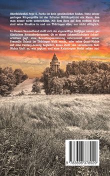 Text über Oberfeldwebel Pepe S. Fuchs und seine Abenteuer in Thüringen. Illustration eines Turms in einer Landschaft bei Sonnenuntergang.