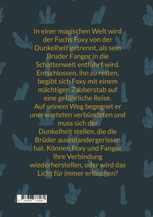 Text beschreibt eine magische Welt mit Fuchs Foxy, der seinen Bruder Fangor retten will. Hintergrund mit Kristall-Muster.