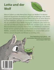 "Lotta und der Wolf" und Text über Kinder- und Wolferfahrungen. Illustration eines Wolfes mit Blatt auf der Nase; ISBN unten.
