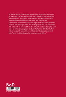 34 hocherotische Erzählungen, Fokus auf menschliche Beziehungen, nicht Sexualität. Preis: €29.00, CHF 39.90. BoD-Logo.
