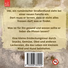 "ab 2 Jahren" oben links; Text über Obi, den Straßenhund, der in eine neue Familie kommt; Barcode unten; KI-Symbol.