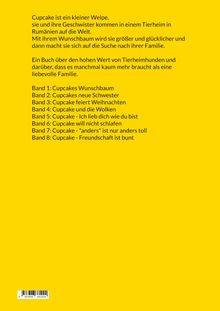 Ein gelber Hintergrund beschreibt Bücher über "Cupcake", einen Welpen, und Themen wie Familie und Freundschaft.