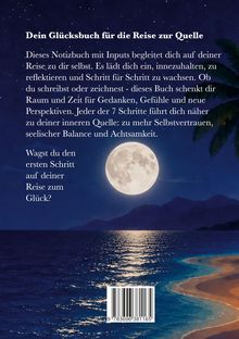 Text über ein Glücksbuch für Selbstreflexion. Mondschein über einem ruhigen Meer, umrahmt von Palmen.