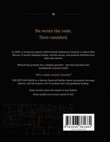 Texte beschreiben den mysteriösen Satoshi Nakamoto und ein Buch über Anonymität und Macht. Unten ein Barcode.