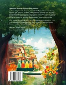 Ein liebevoll illustriertes Buch über finanzielle Bildung für Kinder; bunte Flaschen und Blumen in einer idyllischen Landschaft.