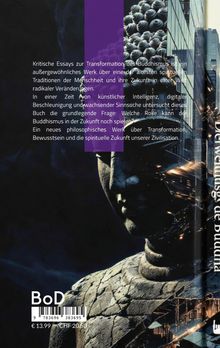 Texte beschreiben ein Buch über die Zukunft und Transformation des Buddhismus. Rechts Buddha-Statue, Stadtbild.