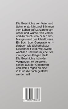 Text über Vater-Sohn-Geschichte auf Lanzarote, Generationen, Sicherheit, Zweifel, Vergangenheit, Gegenwart, Zukunft. Darunter ein Barcode.