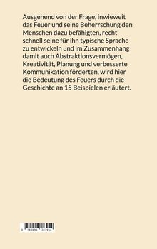 Ein Text beschreibt die Bedeutung des Feuers für Sprache, Kreativität und Planung anhand von 15 Beispielen. Unten ist ein Barcode.