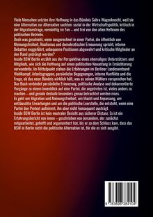Ein Text beschreibt die Hoffnungen und Enttäuschungen in einer politischen Partei. Unten ist ein Barcode. Der Hintergrund ist dunkelrot zu schwarz.