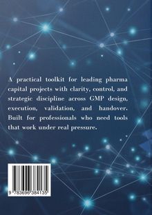 Text: "A practical toolkit for leading pharma capital projects..." Hintergrund in Blau mit leuchtenden, vernetzten Punkten.