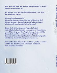 Ein blauer Hintergrund mit weißem Text, der philosophische Fragen zu Bewusstsein, Liebe und Realität stellt. Rechts vertikaler Text.