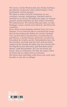 Text beschreibt die Existenz zwischen Sicherheit und innerem Tod, die Suche nach wilder Besonnenheit und Lebenslust. Rosa Hintergrund.