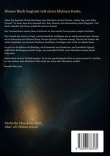 Haupttext: "Dieses Buch beginnt mit einer kleinen Geste." Unten: "Nicht die Maschine fühlt. Aber wir fühlen etwas."