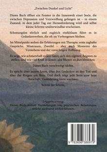 „Zwischen Dunkel und Licht“. Ein Buch über Depression und Therapieerfahrungen. Triggerwarnung für psychische Belastungen. Unten Sonnenblume, pastellfarbener Hintergrund.