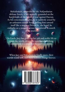 Text über Krieger Bakudaticán und Jacy, kosmische Reise und Schicksal. Im Hintergrund Universum mit Planeten und Sternen.