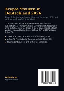 "Krypto Steuern in Deutschland 2026" ist der Titel eines Buches von Felix Rieger, das Steuerthemen erläutert. Barcode unten rechts.