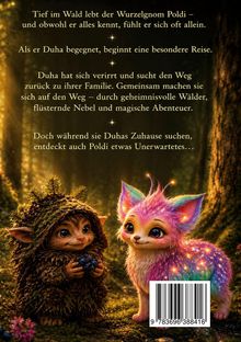 Ein Wurzelgnom und ein bunter, funkelnder Fuchs stehen gemeinsam im Wald, umgeben von magischem Licht.