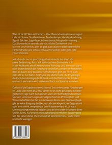 Ein Text diskutiert das Phänomen von Licht und Farbe, dessen Bedeutung in Psychologie und Kunst sowie ungelöste Fragen der Forschung. Der Hintergrund zeigt orange- und gelbfarbene Verläufe.