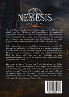 Text: "Nemesis Awakening". 
Hintergrund: eine Stadt bei Dämmerung mit Wolken. 
Ein geometrisches Logo, ähnlich einem fünfzackigen Stern.
