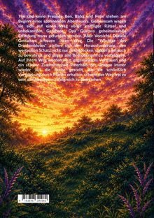 Text beschreibt ein Abenteuer von Tim und Freunden. Hintergrund: Sonnenuntergangslandschaft mit Bäumen und Wiese, stimmungsvoll.