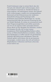 Ein Buchtext erklärt, dass die Zukunft schwer vorherzusagen ist. Es bietet Werkzeuge zur Vorbereitung und Entscheidungshilfe. Barcode und Preise unten.