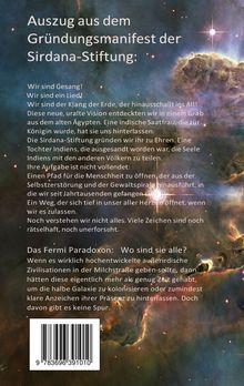 Text: Auszug aus dem Gründungsmanifest der Sirdana-Stiftung. Hintergrund: kosmisches Nebelbild. Barcode unten.