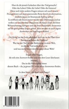 Text über Fragen zu Leben, Tod und Philosophie in einem alternativen, feudalen Japan. Unten schlichtes Baum- und Figurenmotiv.