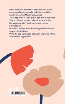 Text über ein Buch, in dem eine Designerin nach einer gescheiterten Modenschau ihr Leben neu aufbaut. Bunte Blumenillustration.