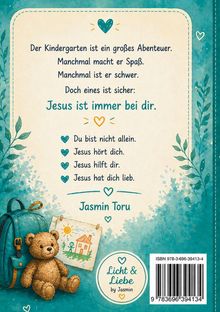 Text über Kindergartenabenteuer und Jesus' Begleitung. Illustration mit Rucksack, Teddybär und Kinderzeichnung.