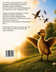 Text oben links über Freundschaft, Verantwortung und Natur. Illustration mit einem fröhlichen Gänseküken am See.