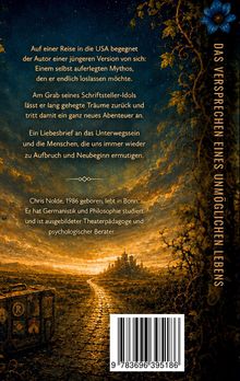 „Das Versprechen eines unmöglichen Lebens.“ Goldene Stadt am Horizont, Himmel in warmen Tönen, verschnörkelte Muster.