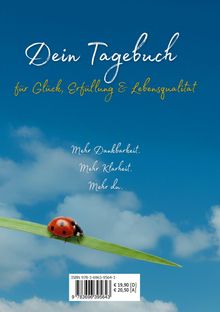 Titel: "Dein Tagebuch für Glück, Erfüllung & Lebensqualität". Ein Marienkäfer krabbelt auf einem Grashalm vor blauem Himmel.