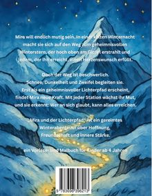 Text über Miras Abenteuer im Winter. Illustration von Bergen bei Nacht, beleuchtet von einem Pfad aus Lichtern.