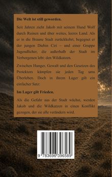 Text beschreibt eine dystopische Welt mit Jakob und Ciri. Hintergrund zeigt eine öde Landschaft mit einem Barcode unten.