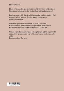 Text: Titel "Stasifernseher". Inhalt über die Stasi-Überwachung durch TV-Geräte. Autor: Carl Carlsen. Beige Hintergrund.