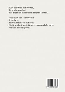 Ein Gedicht beschreibt das Schreiben als Ausdruck des Seins. Unten rechts befindet sich ein Barcode.
